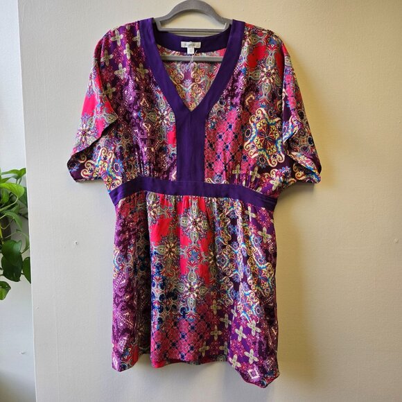 Garnet Hill Womens 12 Dressy Office Career Floral Silk Tunic Babydoll Top V-Neck - Picture 1 of 10
